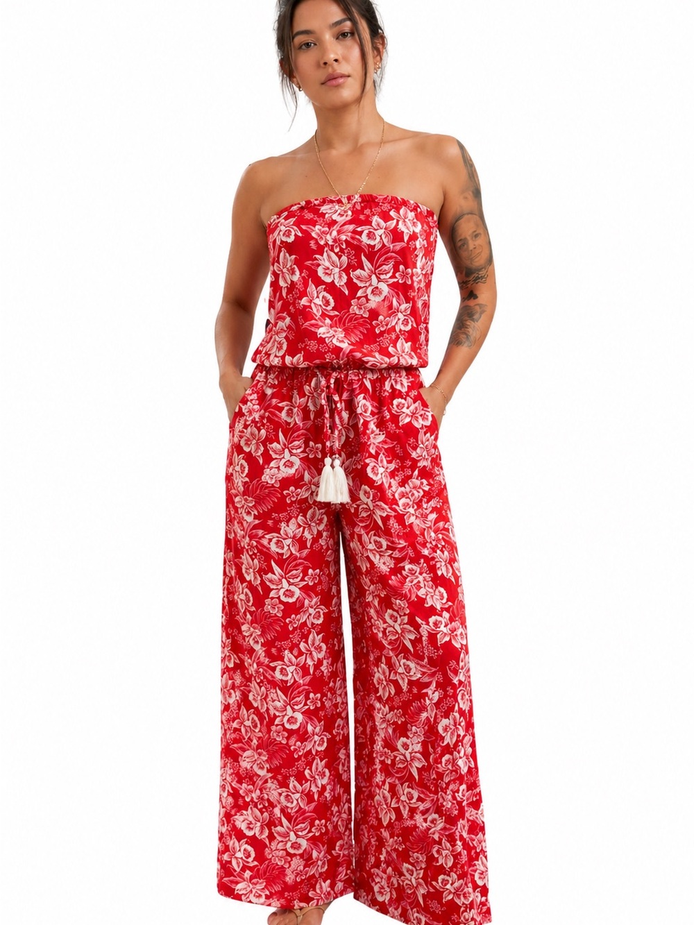 Red Floral Strapless Jumpsuit | Tropical Wide Leg Romper | Resort Wear